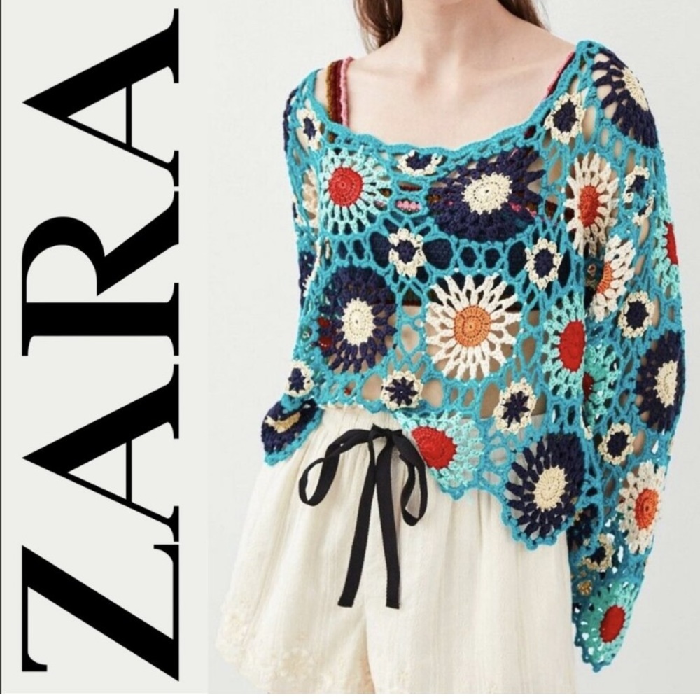 Zara multicolor cropped crochet see-through sweater